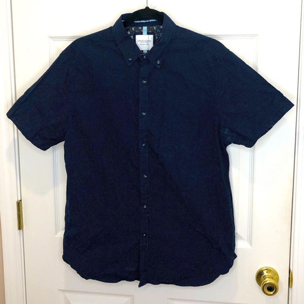 Denim & Flower Ricky Singh navy blue button up short sleeve collared shirt